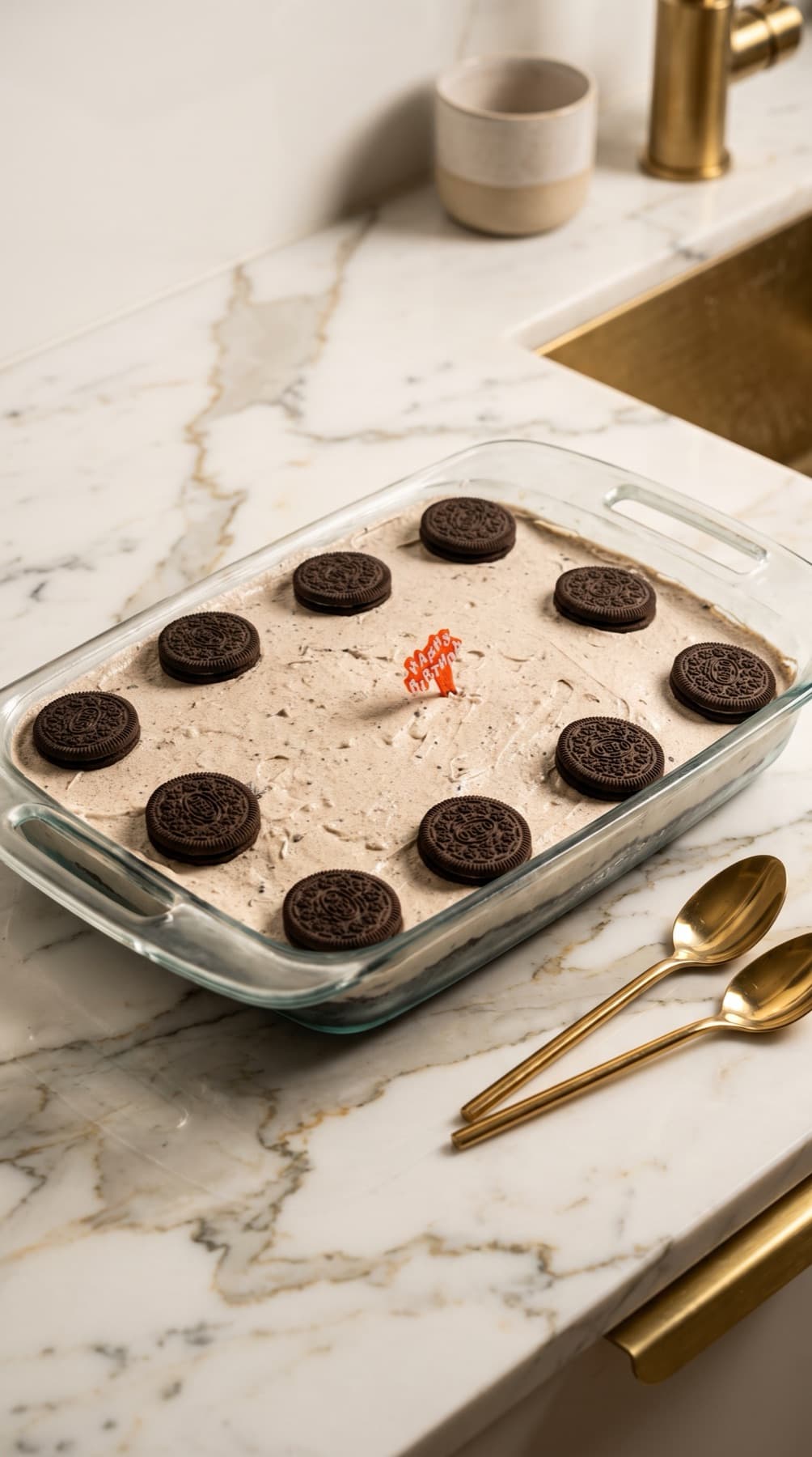 An Oreo cheesecake in a glass dish on white marble, topped with whole Oreos, beside gold spoons