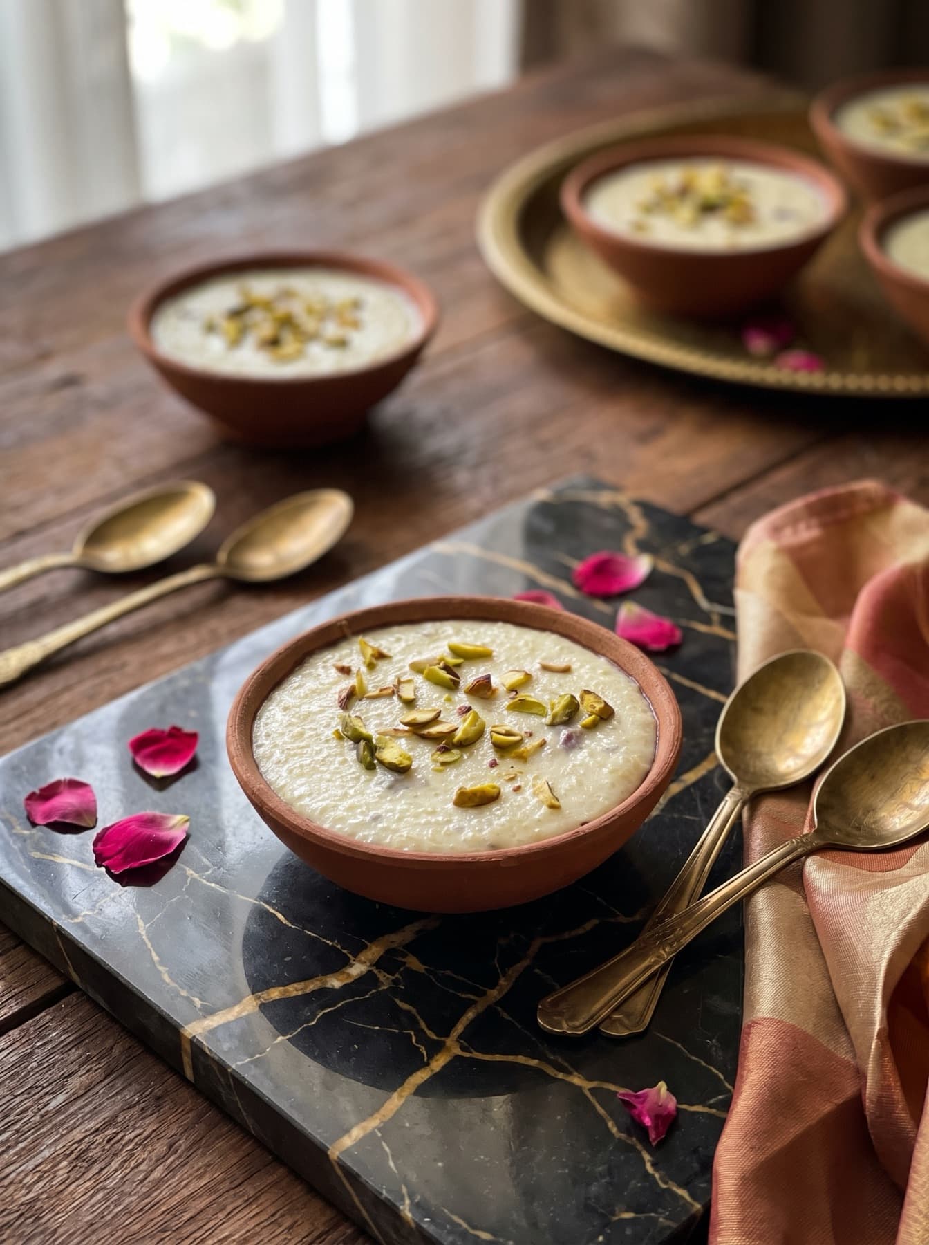 Kheer served in terracotta bowls topped with pistachios, on dark marble with rose petals and gold spoons